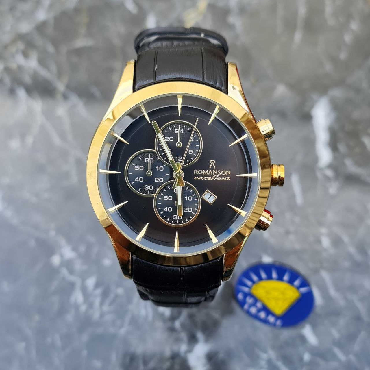 ساعت رومانسون الگانس کد 4711 بند چرم قاب طلایی صفحه مشکی