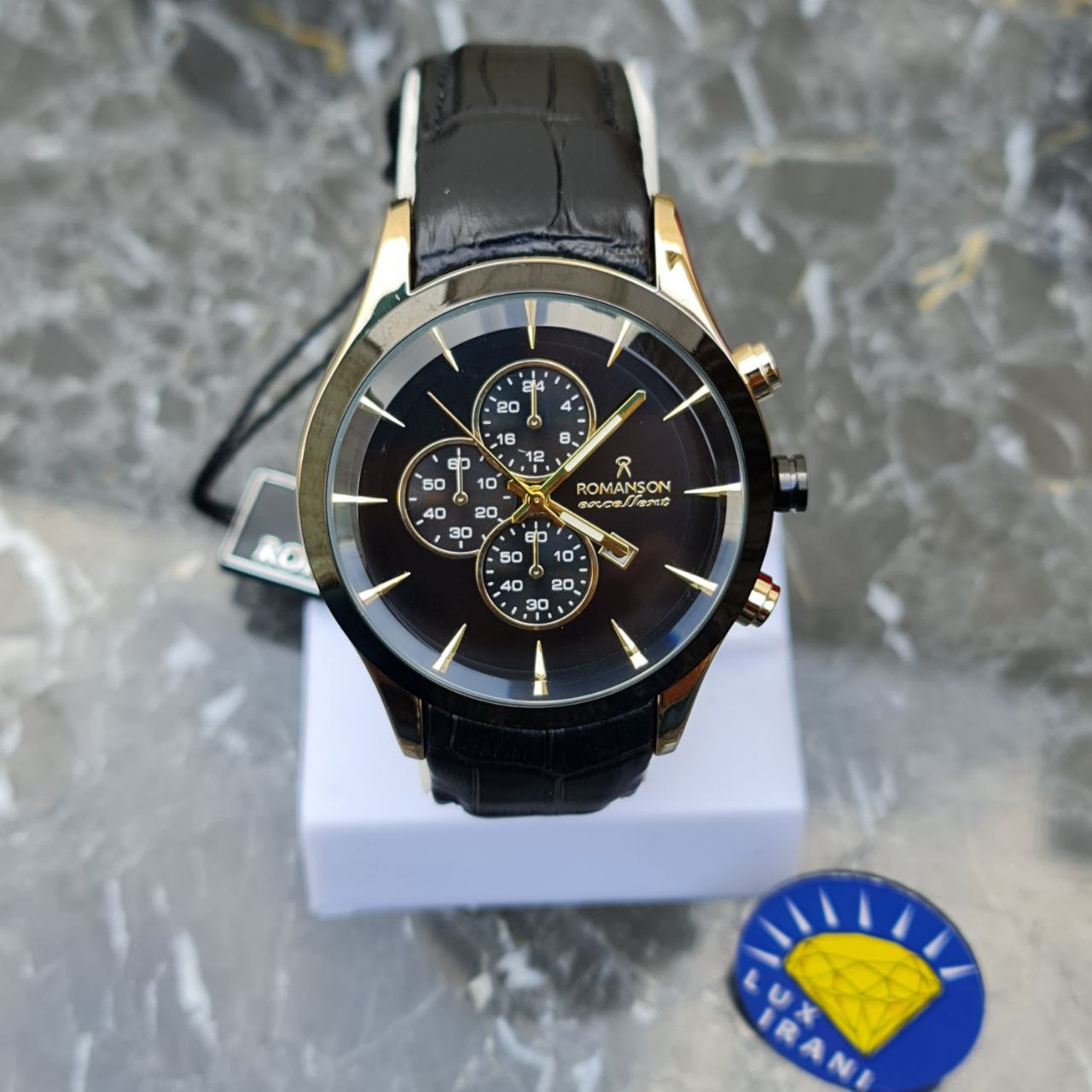 ساعت رومانسون الگانس کد 4712 بند چرم قاب مشکی و طلایی صفحه مشکی